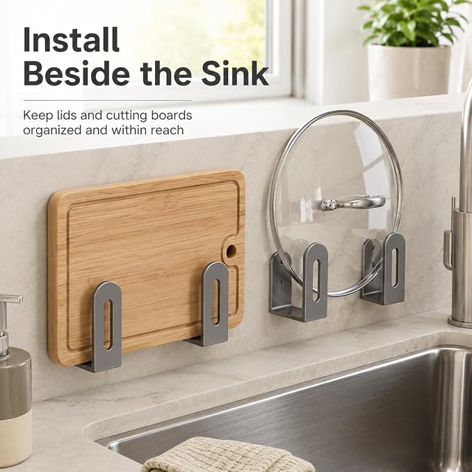 6 Pcs Under Cabinet Cutting Board Holder - Thicker Stainless Steel with Strong Adhesive & Nails, Cutting Board Holder Pot Lids Rack Storage Stainless Steel Under Shelf Counter Chopping Board(Grey)
