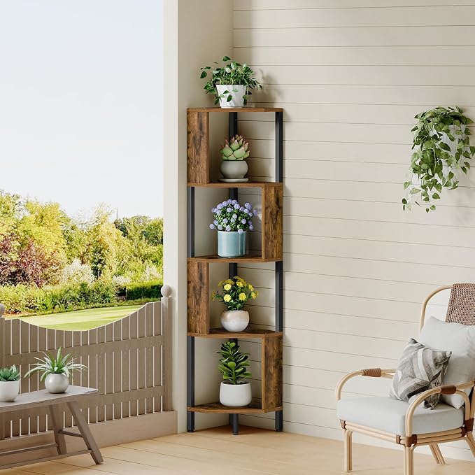 YATINEY 5-Tier Corner Shelf, Industrial Corner Storage Stand, Corner Bookshelf with Metal Frame, Freestanding Corner Shelf Stand for Living Room, Study, Bedroom, Rustic Brown and Black CJ11BR