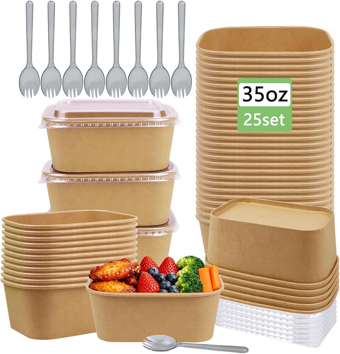 25 Pack 35oz Disposable Kraft Paper Bowls with Lids and Forks, Rectangular Meal Prep Containers, Microwave Safe for Hot/Cold Food