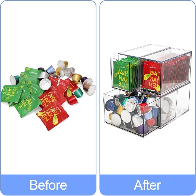 Yarlung 3 Pack Coffee Pod Organizer Tea Bag Holder, Clear Acrylic K Cup Holder Box Stackable Coffee Bar Drawer Container for Cabinet Countertop Storage
