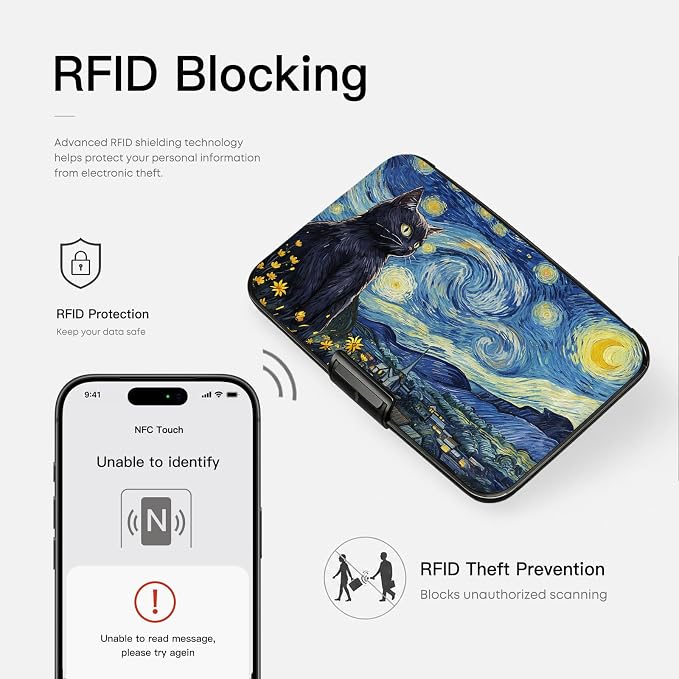 Credit Card Holder RFID Aluminum card case Starry Sky Cat mini Wallet Women | ABS Business ID Case,Hard Case Large Capacity 6 Slots, Waterproof Durable ，Secure Closure Slim Small Credit Card Protector