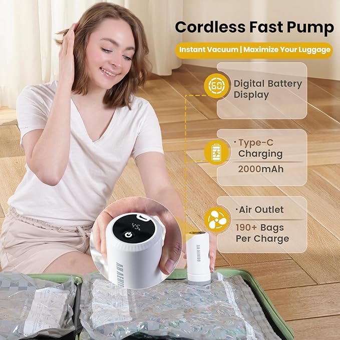 21 Pack Vacuum Storage Bags for Travel with Digital Display Air Pump,Carry-on Packing Bags for Luggage and Suitcase,Space Saver for Clothes