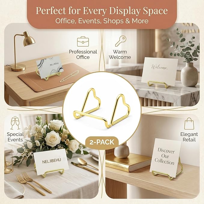 2 Pcs Cute Gold Metal Heart Business Card Holder for Desk | Metal Heart Business Card Display Stand, Pretty Desk Organizer and Cute Desk Accessories for Office Desktop