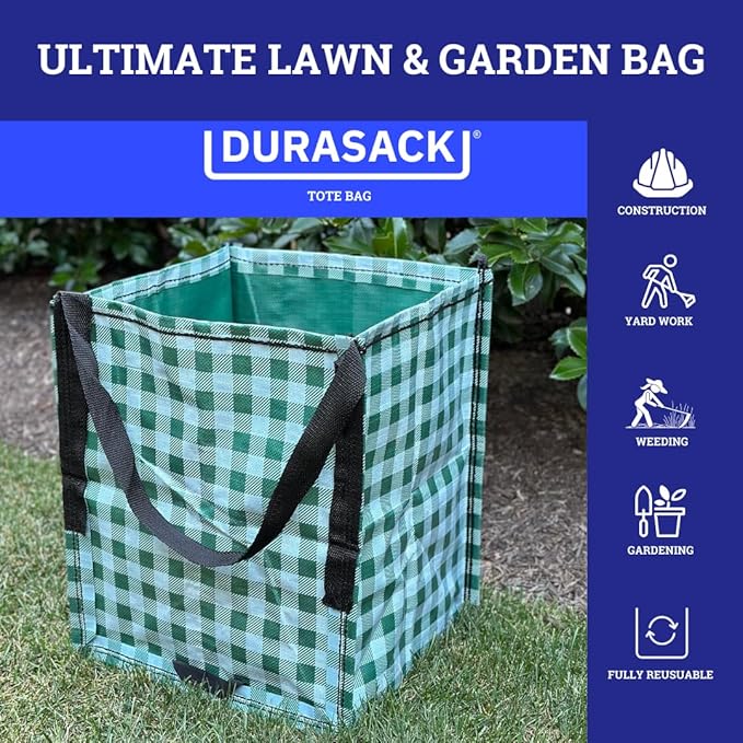 DURASACK Heavy Duty Storage Tote Bag 22-Gallon Rugged Woven Polypropylene Moving Bag, Reusable Self-Standing Design, Holds up to 500 Pounds, Single, Gingham Green
