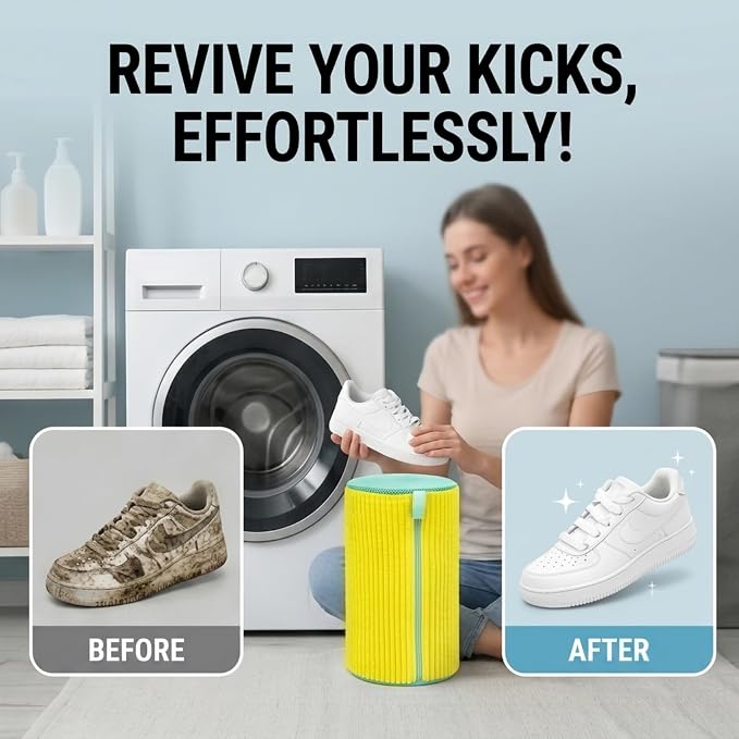 2 Pack Shoe Washing Machine Bag, Works for Washer & Dryer, Reusable Laundry Bag with Self-Locking Zipper, 360° Deep Cleaning for Sneakers and Tennis Shoes (Yellow)