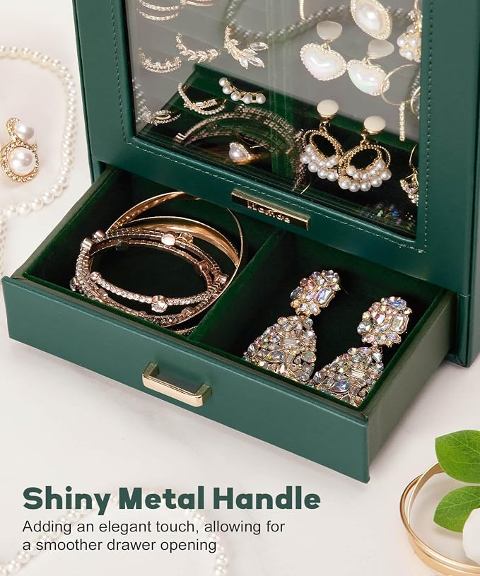 Homde Display Jewelry Box for Girls: Starter Organizer with Clear Window | Vertical Drawers for Earrings Rings Necklaces - Compact Footprint Fits Small Vanities - Birthday&Graduation Gift for Teens