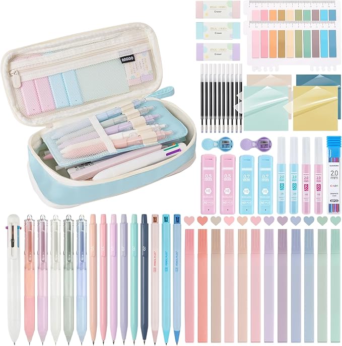 58 PCS Aesthetic School Supplies with Cute Pencil Case,12 Pastel Highlighters, 5 Gel Pens Black Ink，9 Mechanical Pencils for，Student Stationary，CollegeEssentials Gifts (Blue)