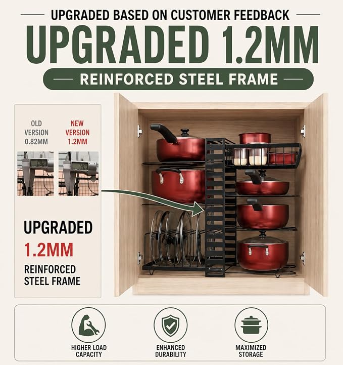 7-Tier Pots and Pans Organizer Under Cabinet - Cooking Pot Lid Organizer for Cabinet with Basket for Utensils, Lid Rack - Adjustable Vertical Holder Cookware Storage, Steel Pot Rack for Kitchen