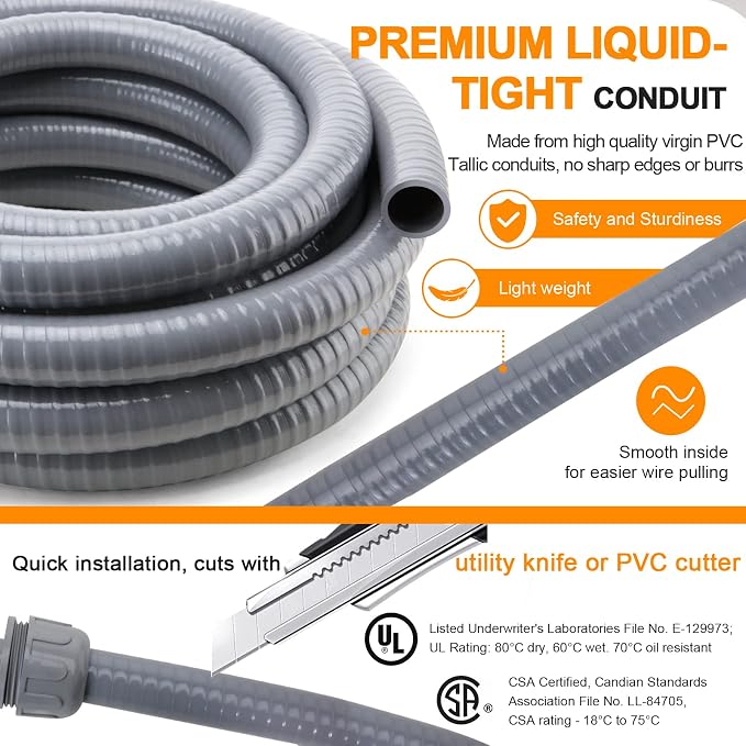 DWALE Liquid-Tight Conduit and Connector Kit,Flexible Non Metallic Liquid Tight Electrical Conduit,1-1/4inch25ft Electrical Conduit Kit,with4 Straight and2 Angle Fittings Included,1-1.4 in. Dia