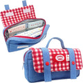 Cute Checkered Pencil Case, Red White Plaid with Denim Patchwork, Large Capacity Gingham Pattern Pen Bag with Handle, Big Stationery Organizer, Multi-Use Storage Pouch, 8.7x1.6x4.7 Inches, Blue