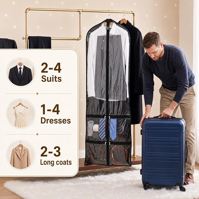 Tranqun 2 Pack 65" Long Wedding Garment Bags for Gowns 4" Gusseted Clear Dress Travel Bag for Hanging Clothes Foldable Wedding Dress Cover with 4 Zipper Pockets for Closet Storage and Travel (Black)