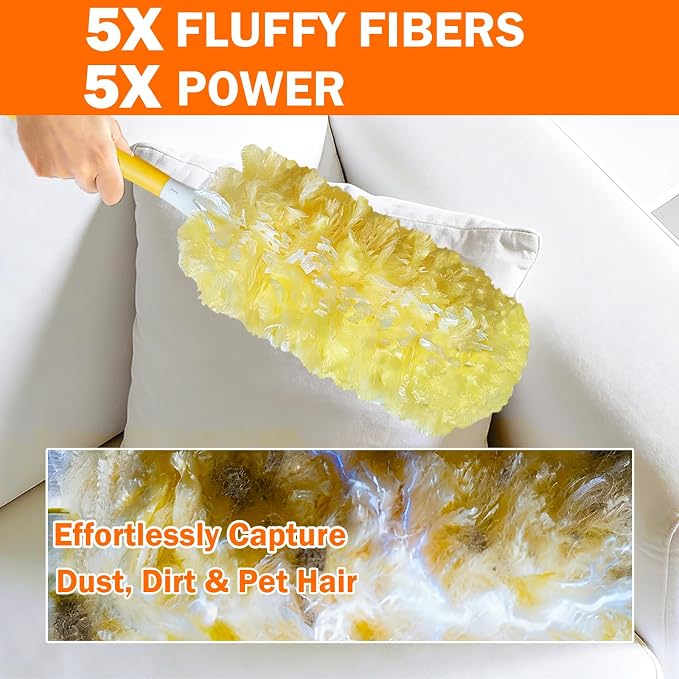 60 Heavy Duty Duster Refills for Swiffer Duster, Large, Yellow | 2 Side Extra Thick, 3 ft Handle & 1 Short Handle, Multisurface 360 Dusters kit for Dusting Furniture, Fans, Blinds, Corners