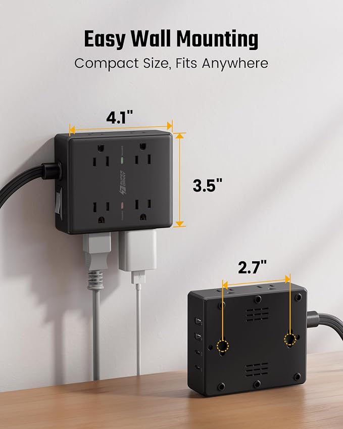 25Ft Long Extension Cord, Flat Plug Power Strip Surge Protector, 8 Outlet 4 USB Ports (2 USB C), Wall Mountable, Desk Charging Station for Home Office, College Dorm Room Essentials (Black)
