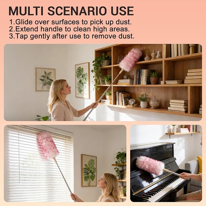 Lambswool Duster Extendable 22–55 Inch Natural Wool Duster with Flexible Head for Ceilings Furniture Blinds Electronics Washable Reusable-Red
