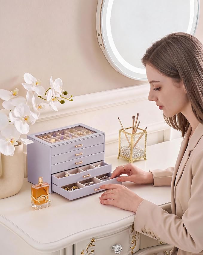Lolalet Earring Organizer, Jewelry Box with Clear Lid -Purple, 5 Layer | PU Leather, Velvet, Removable Dividers, Dustproof, Easy Clean, For Studs Rings, Gift for Women Girls, Home Aesthetic Decor