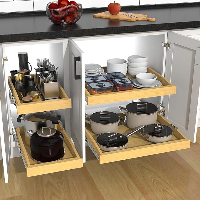 Wooden Pull out Cabinet Organizer 14" W x 21" D x 3.35" H, Heavy Duty Slide Out Drawers Pull-Out Home Organizers for Kitchen Cabinets