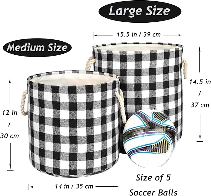Round Collapsible Storage Organizer Bins Buffalo Checked Baskets with Woolen Fabric Kid's Pet's Toys and Accessory Storage Bins for Home Decor, White Black Grid, M