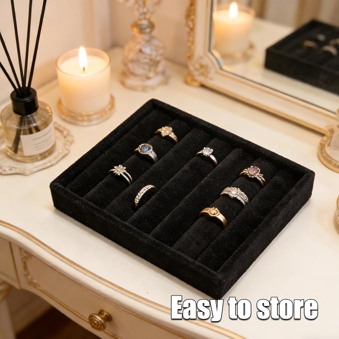 Small Jewelry Tray Set 4 Pcs Black Velvet Stackable Jewelry Organizer Tray Mini Jewelry Drawer Organizer for Necklace Ring Earrings Jewelry (4 Styles)