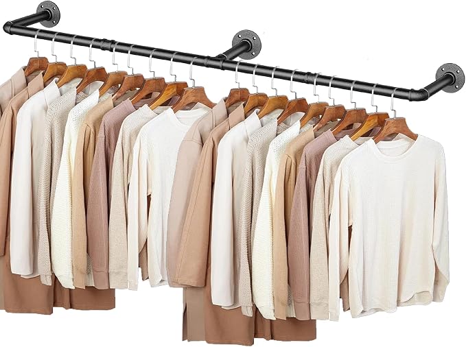 60 INCH Industrial Pipe Clothes Rack,Wall Mounted Clothes Rack,Metal | 150lbs Max Heavy Duty Clothing Rack,Powder Coating Surface,Space-Saving Hanging Rod for Laundry Room,Bedroom,Closet Storage