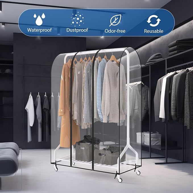 Zilink Clear Garment Rack Cover Clothes Rack Cover 43 in, Transparent | Waterproof, Dustproof, Breathable, 2 Durable Zippers, Clothing Rack Cover for Garment Rack (Rack Not Included)