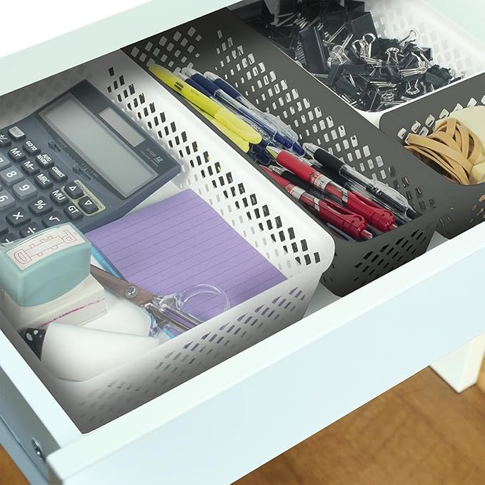 Glad Plastic Storage Basket Set - Multipurpose Drawer Trays, Kitchen Pantry Containers, and Bathroom Bins - Medium Organizers, Grey, 6 Count (Pack of 4)