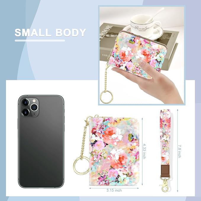 Aiawoxc Credit Card Holder, Small RFID Wallet Slim Leather Card Organizer Case with Zipper and Wristlet Strap, Watercolor Flowers