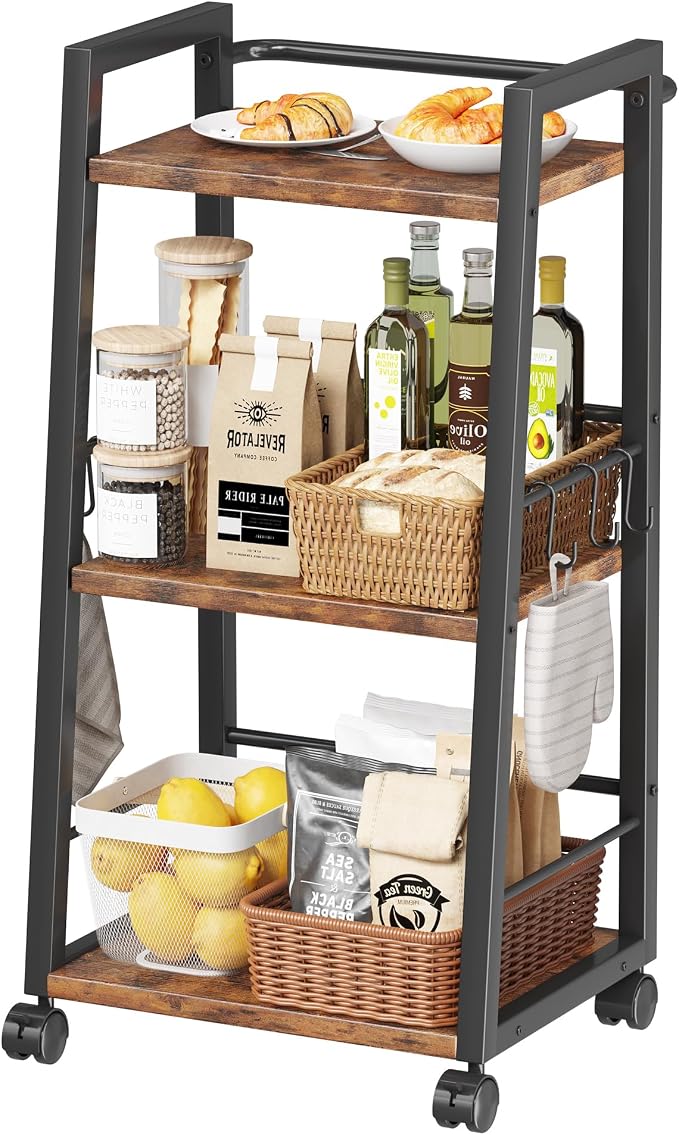 Homeiju 3 Tier Kitchen Storage Cart with Lockable Wheels & 6 Hooks, Mobile Utility Organizer Rolling Cart for Small Spaces, Bar Cart for Kitchen and Living Room, Rustic Brown