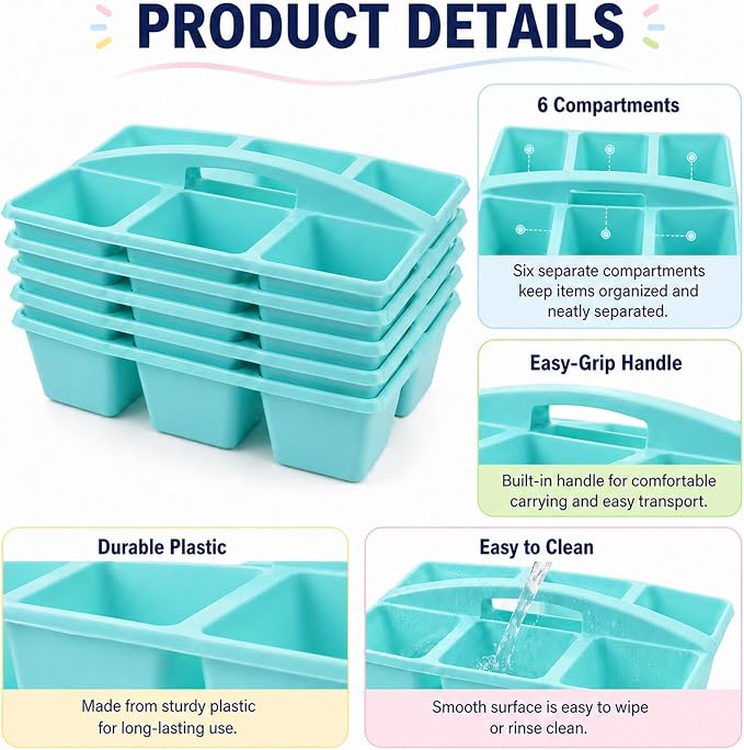 gisgfim 6 Pack Plastic Classroom Caddy with 6-Compartments Plastic Storage Caddies with Handle 6 Compartments Table Caddy Organizer Versatile Table Caddies for Classroom Office Storage, Lake Blue