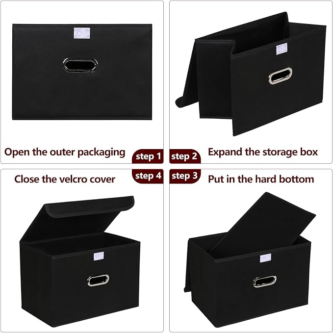 STOREONE Fabric Storage Cube Bins Foldable Organizer Container Collapsible Basket with Lids and Metal Handles, for Home, Bedroom, Closet 8 Pcs (Black)