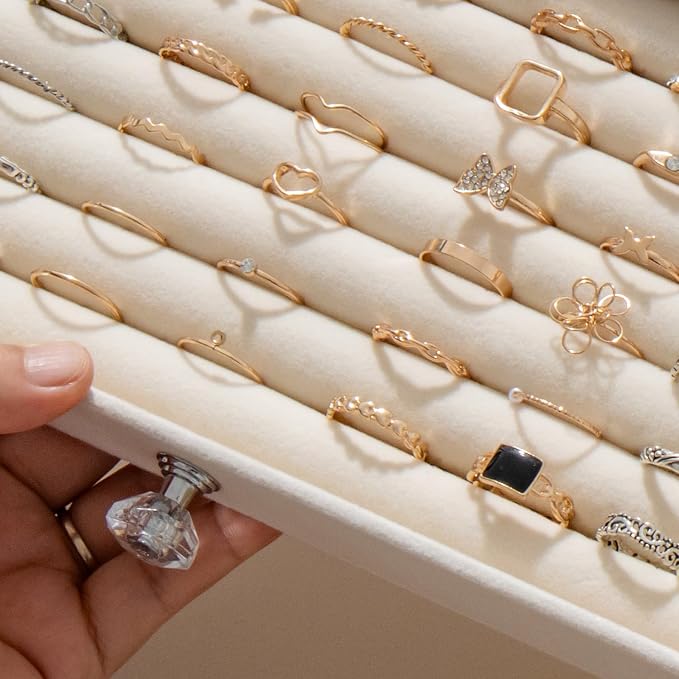 SPAKOWN Ring Box Display Holder, Clear Velvet Jewelry Storage Tray Organizer for Ring Stud Earring (Beige - 3 Drawers)