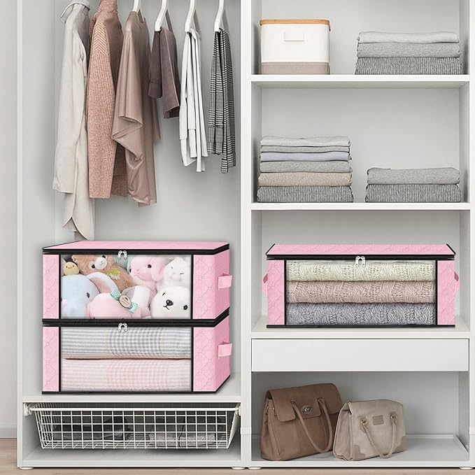 HomeHacks Storage 4-Pack Clothes Organizer Storage Bags Foldable Storage Box with Large Clear Window Sturdy Handles for Closet, Dorm, Pillows, Bedding, Clothes, Blankets, 35L, Pink