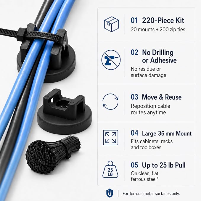 20 Pcs 36 mm Magnetic Zip Tie Mount Base with 200 Black Zip Ties, 25 lb Pull Force Large Magnetic Cable Clips, Magnet Wire Holder and Cable Tie Mounts for Wire Cord Organizer on Steel Surfaces
