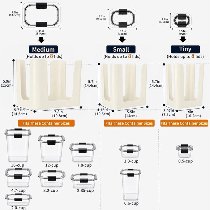Food Container Lid Organizer for Rubbermaid Brilliance nap-on lids, 3-Pack Off white, Kitchen Cabinet Drawer & Pantry Storage