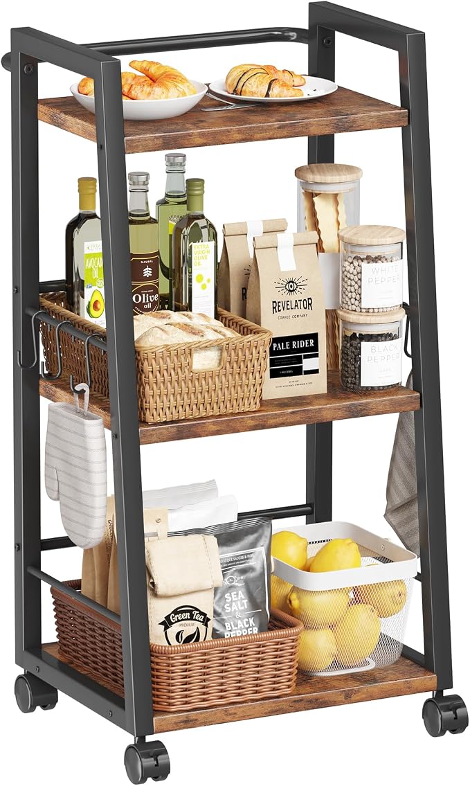 Homeiju 3 Tier Kitchen Storage Cart with Lockable Wheels & 6 Hooks, Mobile Utility Organizer Rolling Cart for Small Spaces, Bar Cart for Kitchen and Living Room, Rustic Brown