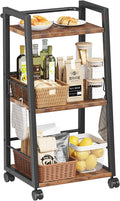Homeiju 3 Tier Kitchen Storage Cart with Lockable Wheels & 6 Hooks, Mobile Utility Organizer Rolling Cart for Small Spaces, Bar Cart for Kitchen and Living Room, Rustic Brown