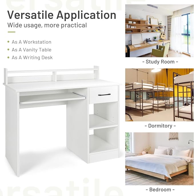 Tangkula White Desk with Drawer & Keyboard Tray, 22 Inch Wide Modern Study Writing Desk with Desktop Hutch & Storage Shelves, Home Office Desk for Teens, Wood PC Laptop Desk, Desk for Bedroom