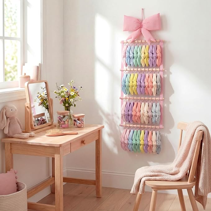 Sliner Pink Bow Headband Holder Head Bands Organizer for Girls, Baby Wall-mounted Headbands Hair Accessories Display Rack with 40 Plastic Hooks for Nursery Room Bedroom Living Room