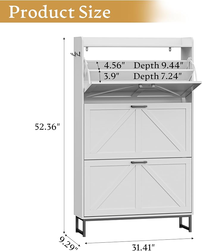 Wodeer Shoe Cabinet Storage for Entryway, Shoe Storage Cabinet with 3 Flip Drawers, Freestanding Narrow Shoe Rack Organizer with Metal Legs & Side Hook for Foyer, Hallway, White