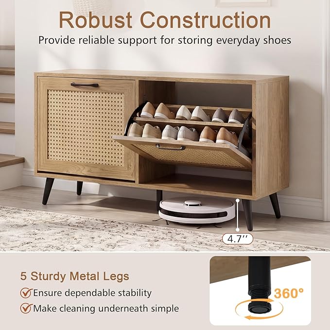 GOFLAME Rattan Shoe Storage Cabinet with 2 Flip Drawers, Hidden Shoe Storage Organizer with Adjustable Shelves and Metal Legs, Freestanding Boho Narrow Shoe Rack for Entryway and Living Room