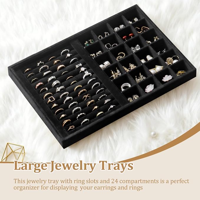 Large Jewelry Organizer for Drawer Insert Velvet Stackable Jewelry Trays for Earring Necklace Bracelet Ring Display (Black, Ring and 24 Grids)