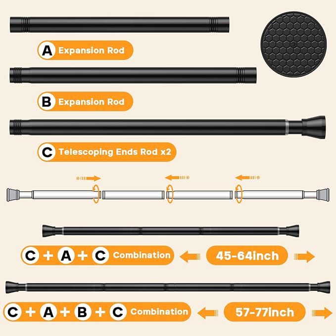 2 Pack Adjustable Tension Rods 45-77 Inch - Black | No-Drill Curtain Rods for Windows & Closets | Spring-Loaded with Non-Slip Rubber Ends | 7/8 Inch Diameter