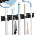 Black Broom Holder Wall Mount - Heavy Duty Wood Mop and Broom Organizer with 5 Slots & 4 Hooks - Sturdy Garden Tool Hanger for Laundry Room Closet Kitchen Garage Storage and Organization