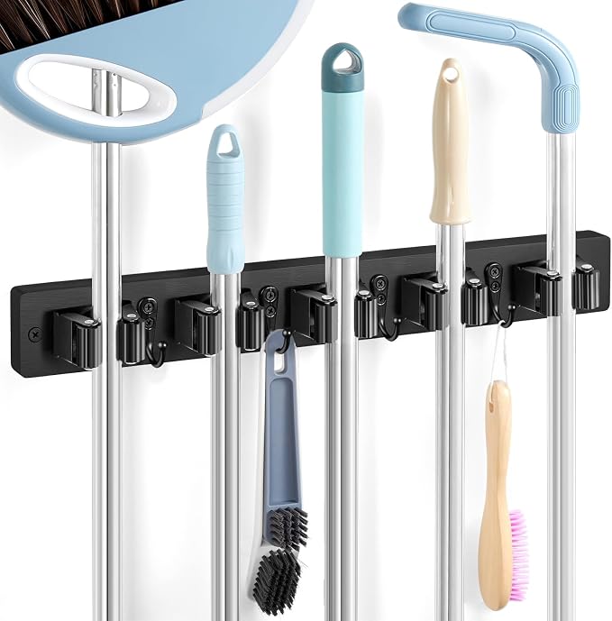 Black Broom Holder Wall Mount - Heavy Duty Wood Mop and Broom Organizer with 5 Slots & 4 Hooks - Sturdy Garden Tool Hanger for Laundry Room Closet Kitchen Garage Storage and Organization
