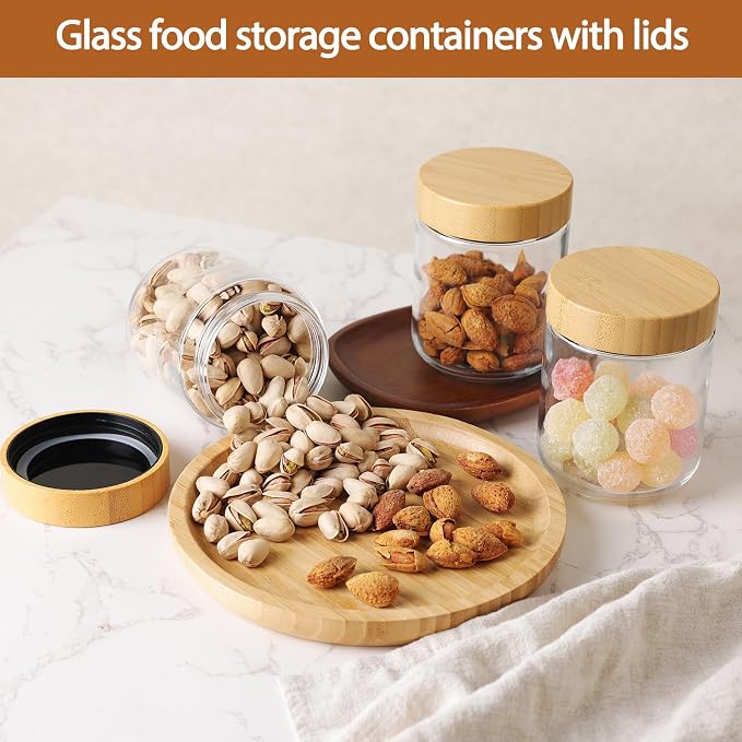 6pcs Glass Overnight Oats Containers with Lids, 16oz Storage Containers | Glass Storage for Dry Food, Jars with Bamboo Lids for Yogurt & Salad, Portable for Picnic & Lunch