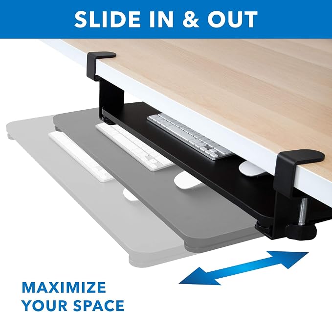 Mount-It! Clamp-On Under Desk Keyboard Tray, No-Drill Slide-Out Keyboard & Mouse Platform, 26.4" W × 11.8" D, Adjustable Ergonomic Keyboard Drawer, Fits Desks up to 1.5" Thick