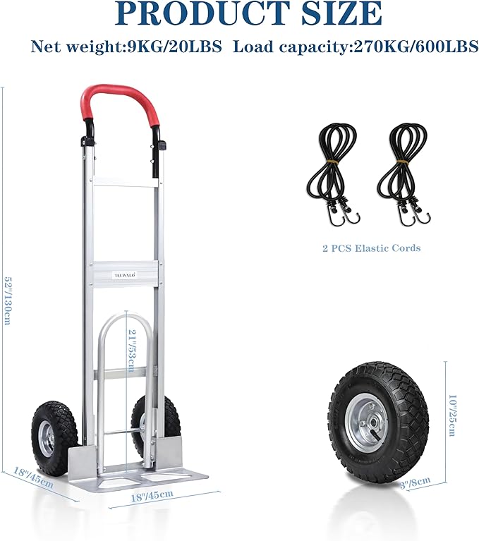 Aluminum Alloy Hand Truck with U-Shaped Handle, 2 Rubber Wheels, 600 lb Capacity, Ext endable Base Plate - Suitable for Warehouse, Office, Home & Multiple Usage Scenarios