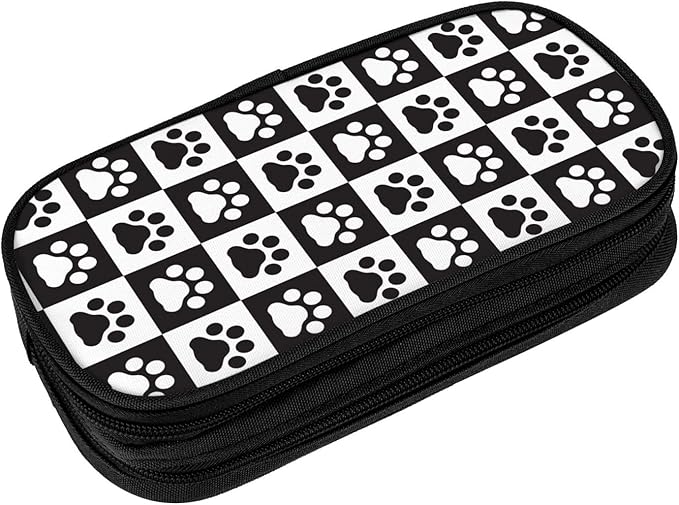 Perinsto Black And White Checkered Dog Paws Pencil Case Big Capacity Multi Compartment Stationery Box Pencil Pouch Holder Desk Organizer For School Office Home