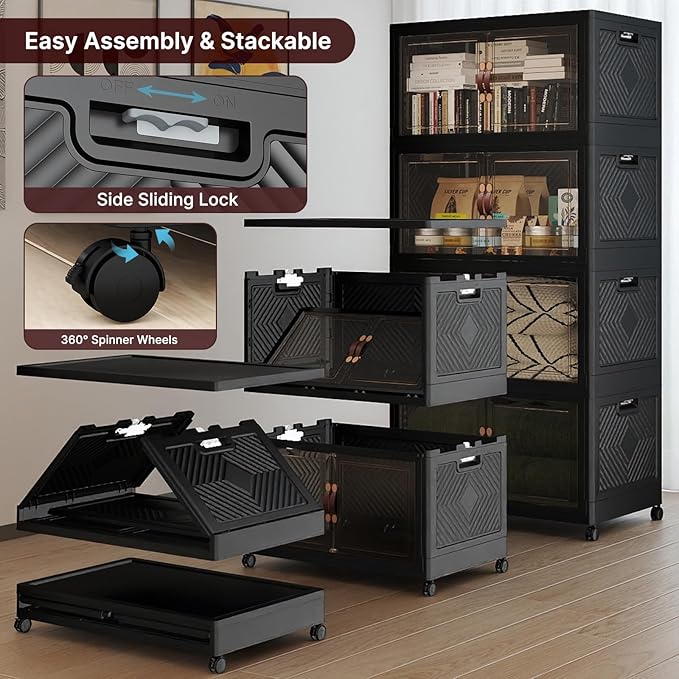 Stackable Storage Bins with Lids, Collapsible Storage Boxes, Foldable Plastic Storage Drawers for Bedroom,Office, Dorm (8, Black, XL)