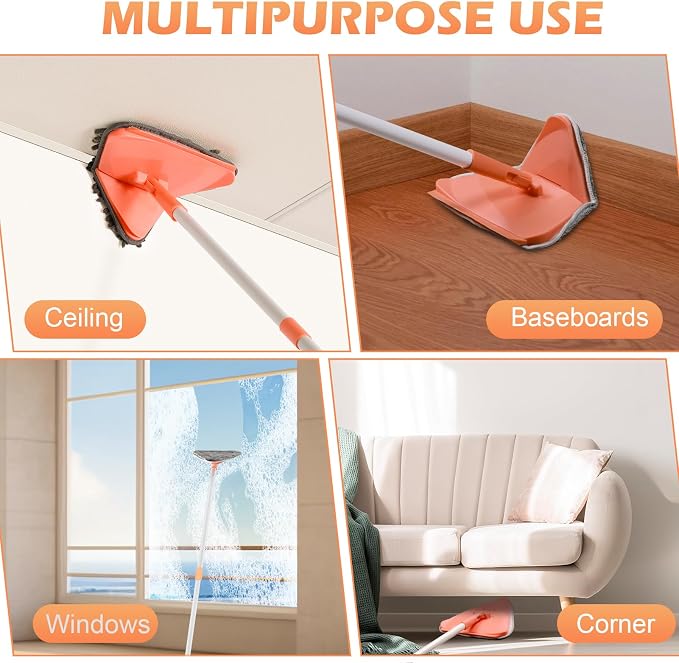 RONSUNG Wall Cleaner Mop, 82-Inch Handle, Baseboard Cleaner Tool, 6 Pads | Wall scrubber with long handle, triangle head, squeegee, and 6 pads for walls, ceilings, windows, baseboards, and floors