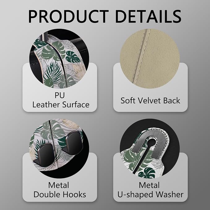 Blusabaca 2PCS Car Seat Headrest Hooks, Purses Bags Holder, Tropical Leaf | PU Leather, Double Metal Back Storage Hangers for Grocery Bags Handbags Bottles Coats Phones, Car Accessories Organization